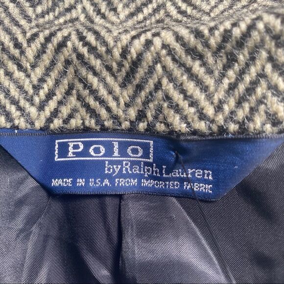 Vintage Polo Ralph Lauren Black & Cream Wool Herringbone Tweed & Leather Blazer - Picture 4 of 17